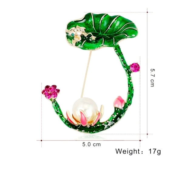 Gold plated pink and white crystal pearl Lily pad frog necklace/brooch - Picture 4 of 15